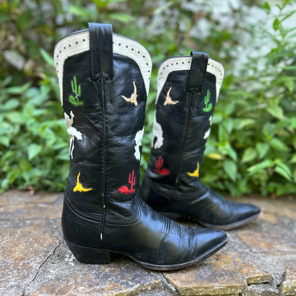 Women’s Size 7.5 B - Larry Mahan Vintage Cowboy Western Boots Horseback Inlays - Picture 3 of 6